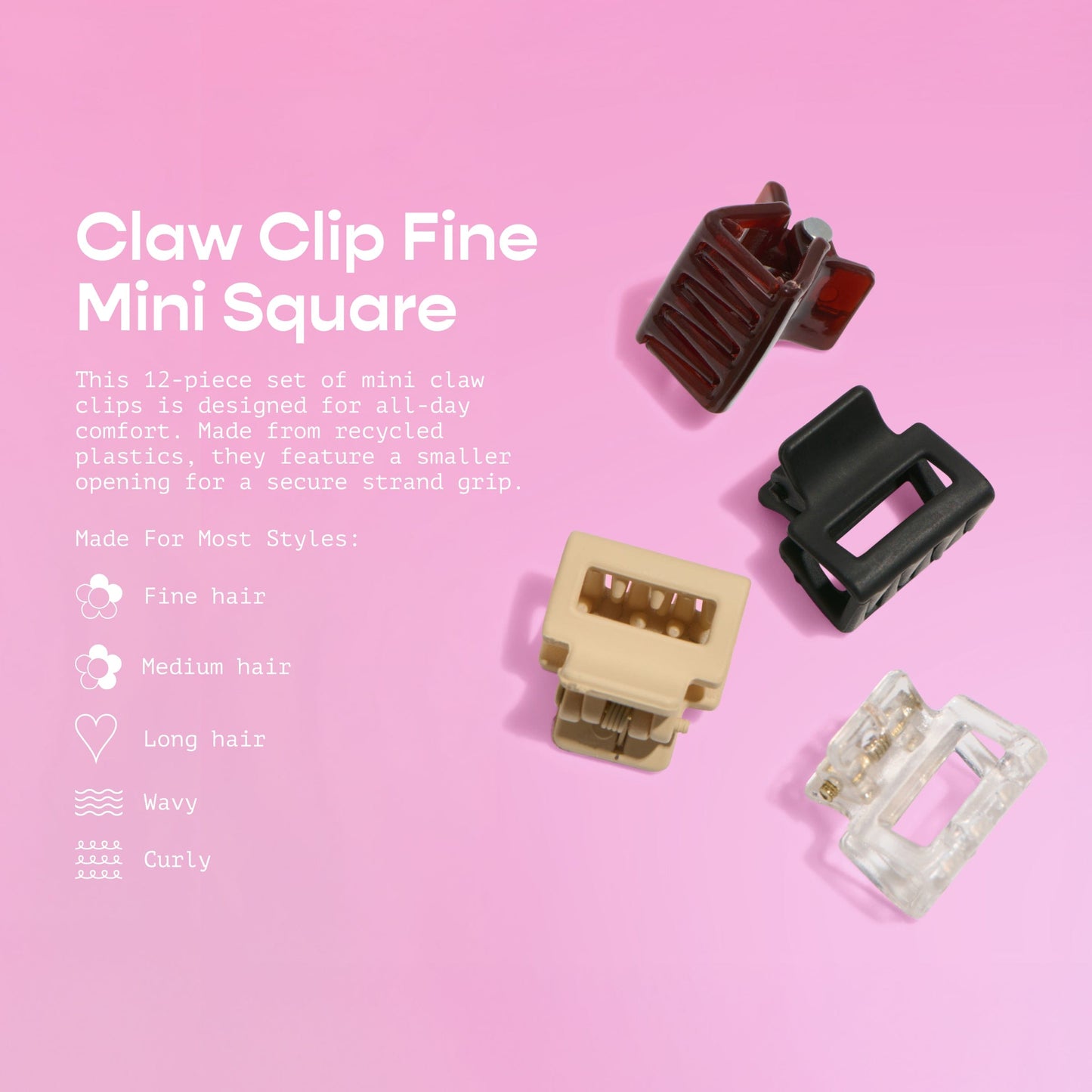 Gimme Beauty Mini Square Claw Clip for Fine Hair, Bangs & Styling, Assorted Colors, 12 Count