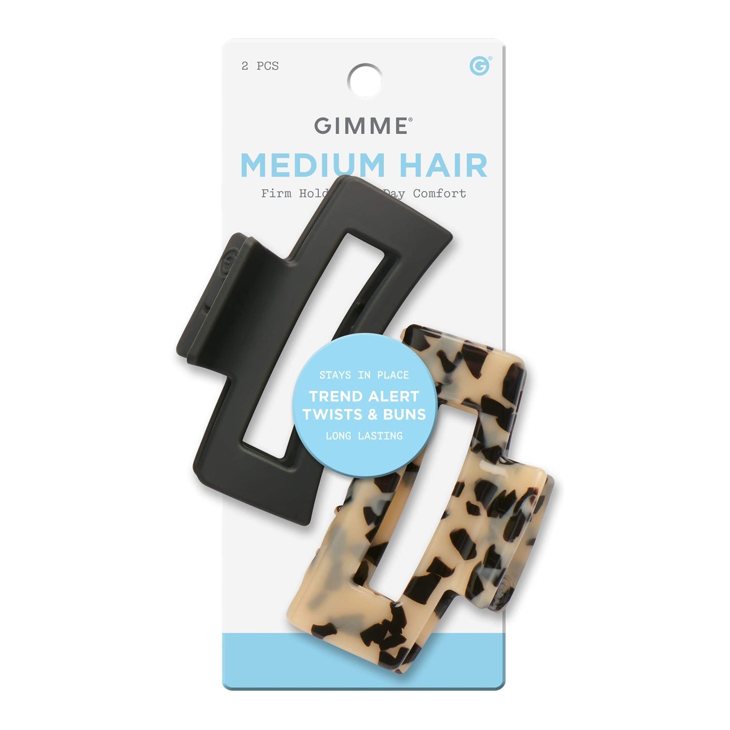 Gimme Beauty Rectangle Claw Clip for Medium Hair, Twists & Buns, Black/Tortoise, 2 Count