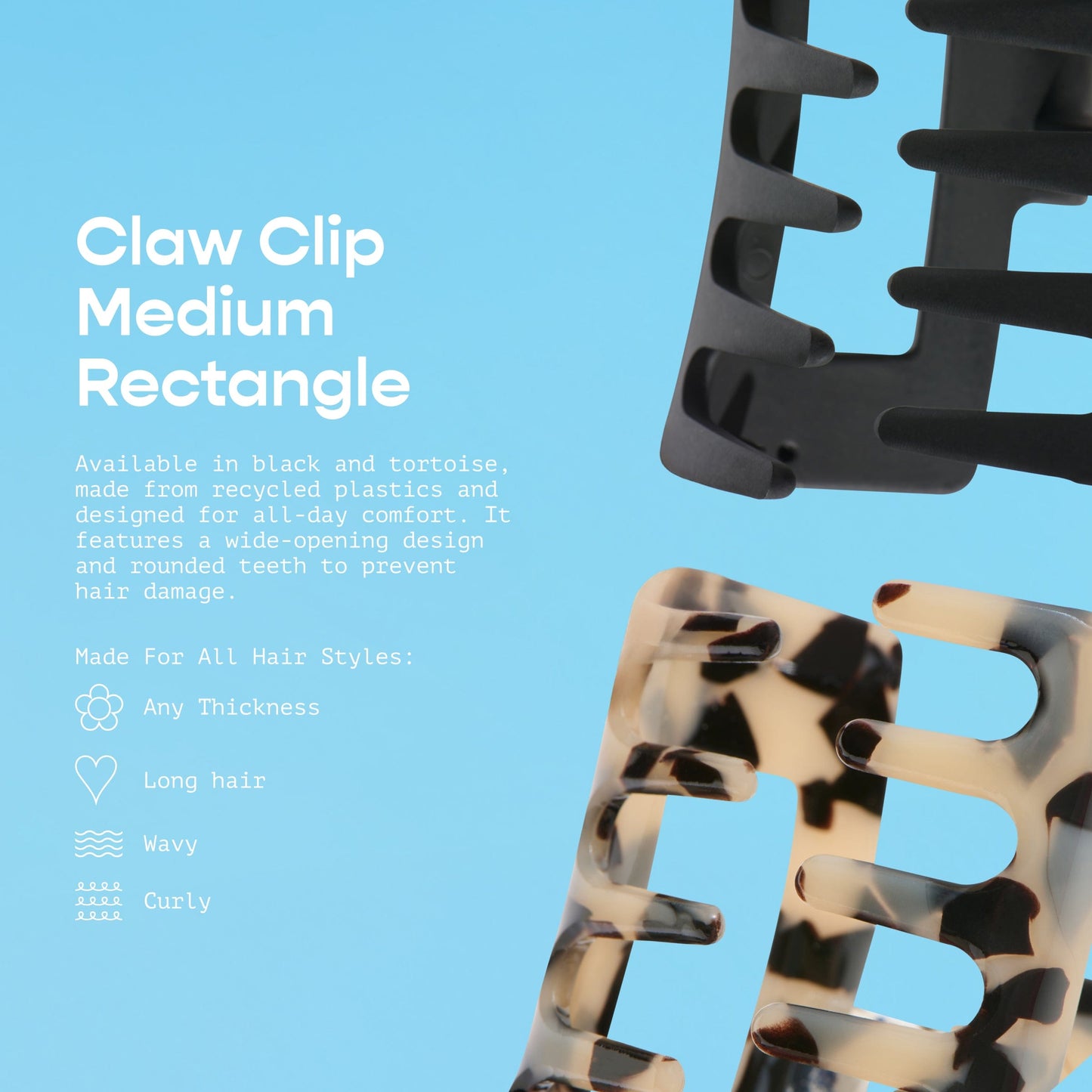 Gimme Beauty Rectangle Claw Clip for Medium Hair, Twists & Buns, Black/Tortoise, 2 Count