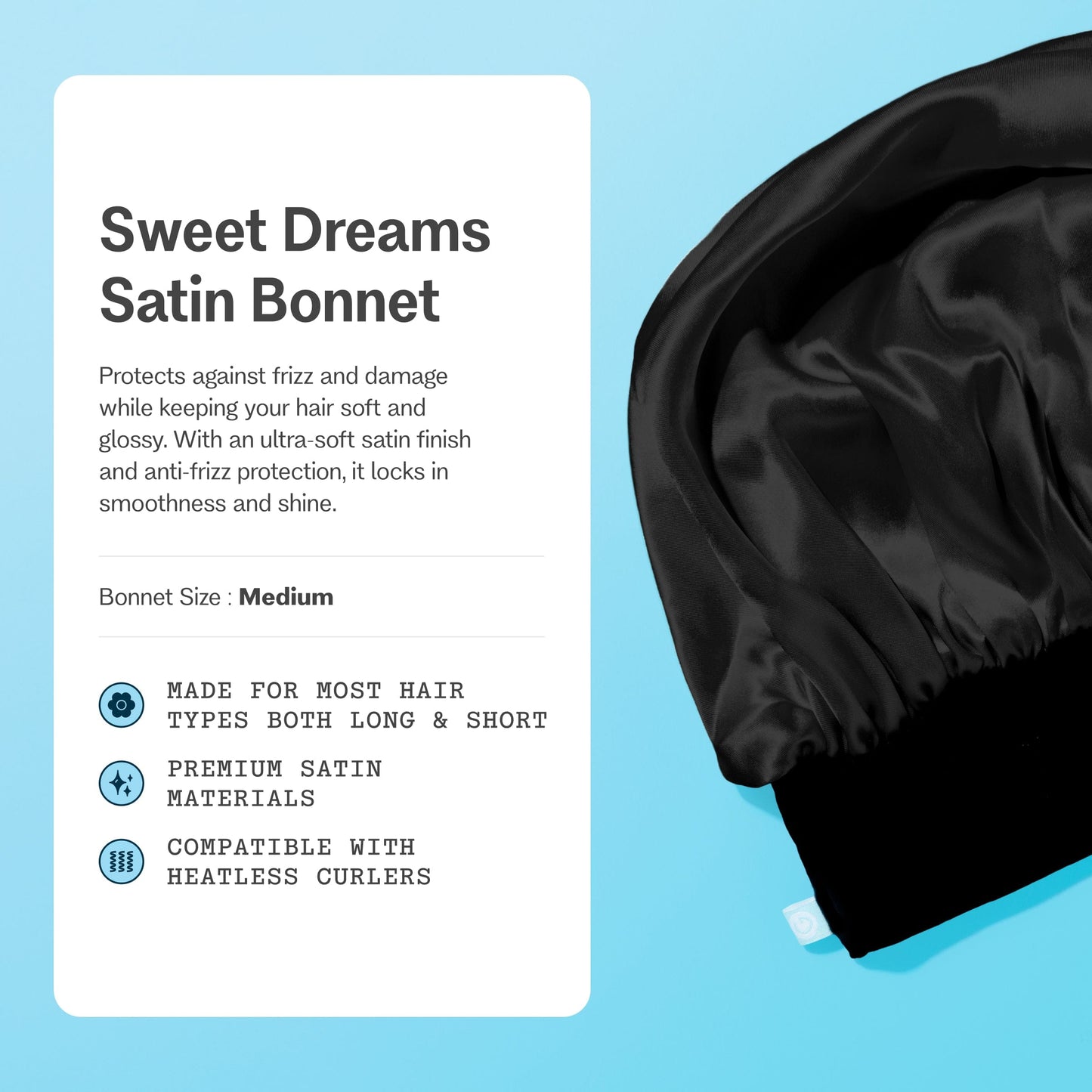 Sweet Dreams Satin Sleep Bonnet for Medium Hair - 1 Count, Black
