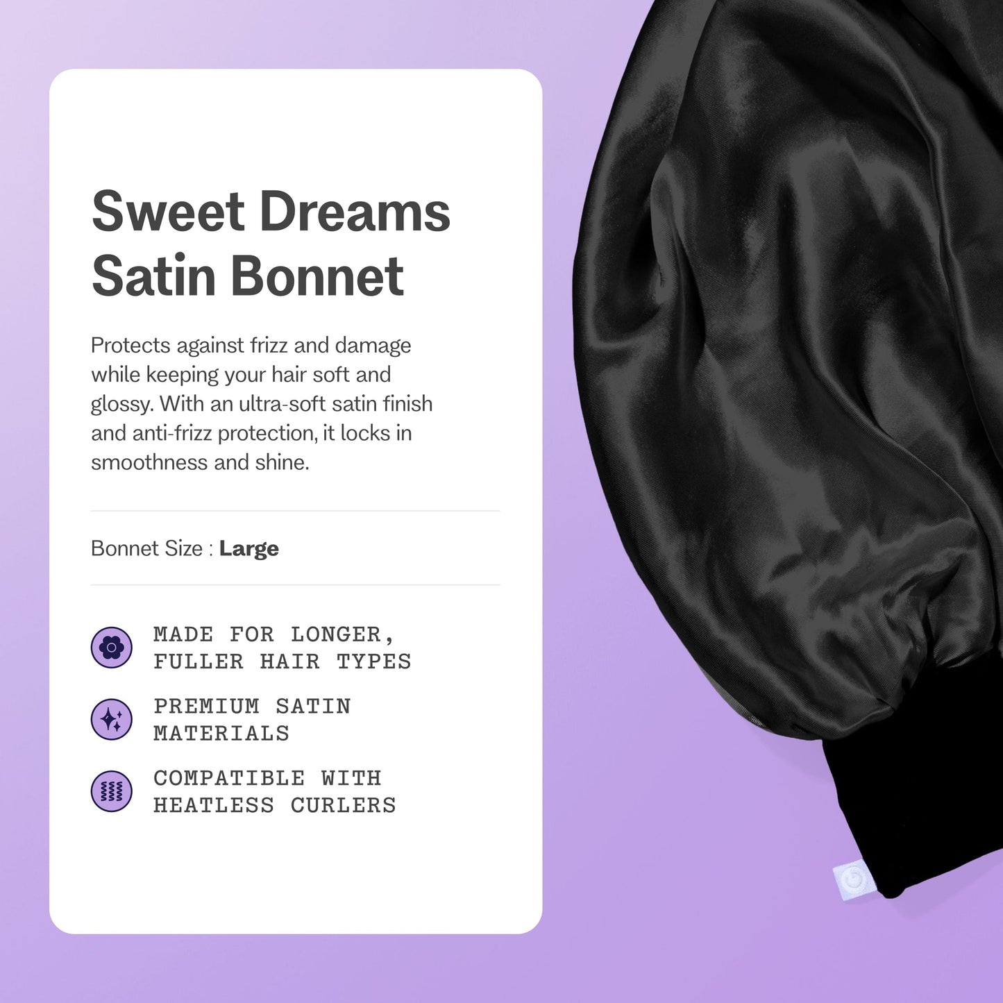 Sweet Dreams Satin Sleep Bonnet for Thick Hair - 1 Count, Black