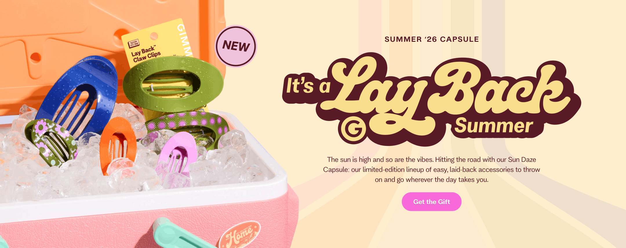 Promotional image for 'It's a Lay Back Summer' capsule with ice cream cone, sunglasses, and beach accessories.